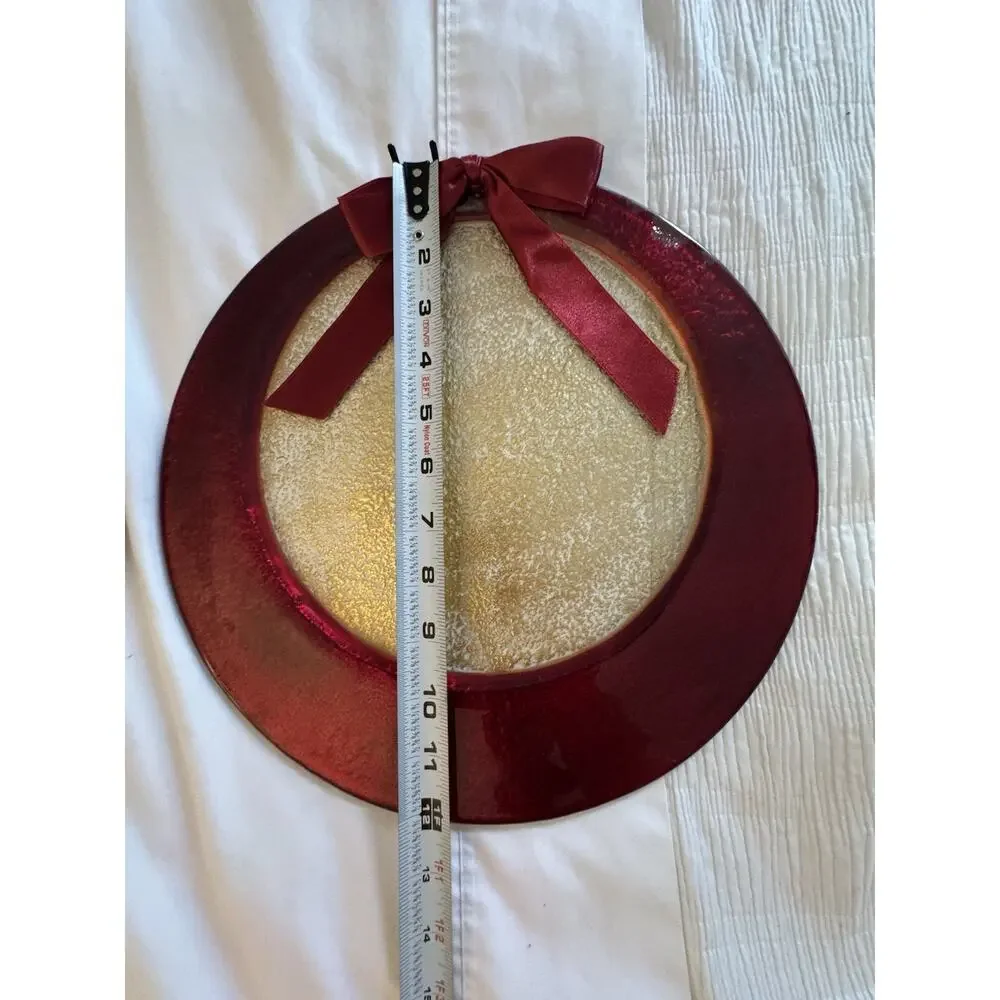 Lot of 2 Red Gold Plates Holiday Bow Christmas Home Decor Glass Frosted